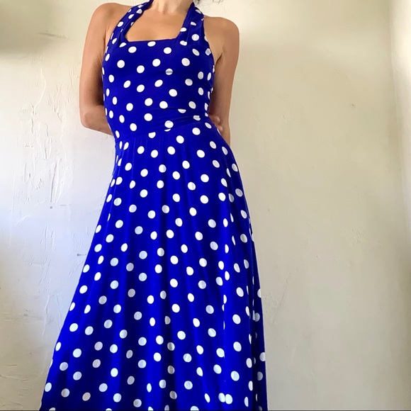 Vintage Dresses & Skirts - Vintage 70s Royal Blue Polka Dot Square Neck 100% Rayon Maxi Dress | XS